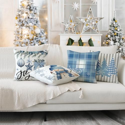 Artmag Christmas Pillow Covers 16x16 Inch Set of 4 Decorative Farmhouse Snowman Joy Believe Christmas Tree Blue Pillow Covers for Winter Holiday Home Decor Decoration - Image 3