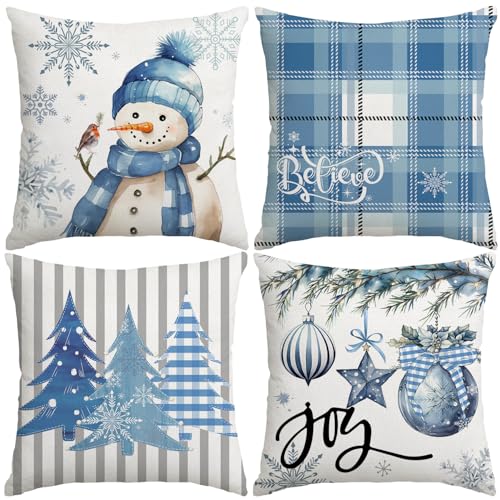 Artmag Christmas Pillow Covers 16x16 Inch Set of 4 Decorative Farmhouse Snowman Joy Believe Christmas Tree Blue Pillow Covers for Winter Holiday Home Decor Decoration - Image 1
