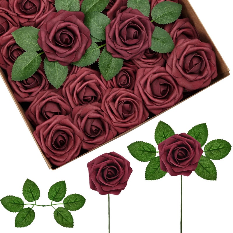 InnoGear Artificial Flowers 50 Pcs Burgundy Foam Fake Roses Bulk with Stems for Decoration DIY Wedding Bouquets Centerpieces Bridal Shower Party Christmas Tree