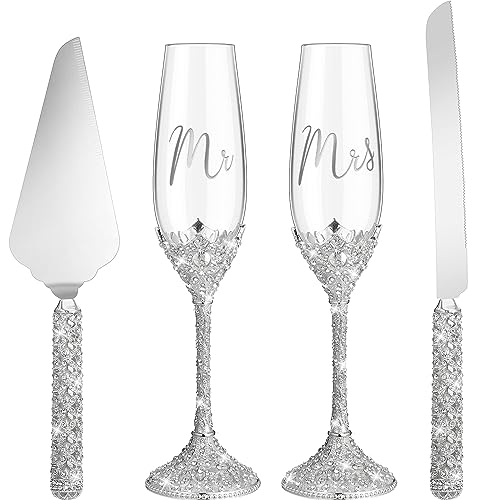Sratte Sratte 4 Pcs Wedding Cake Knife and Champagne Flutes Server Set Toasting Crystal Rhinestone Champagne Flutes Glasses Cake Knife Pie Server Wedding Gifts for Couple Bride Groom SilverElegant