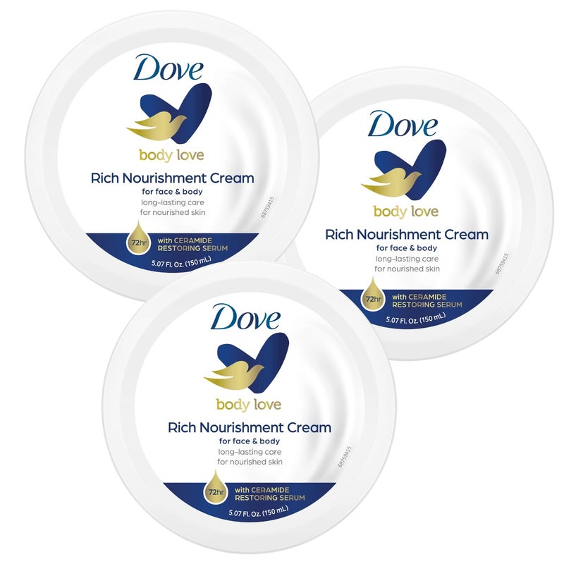 Dove Nourishing Body Care, Face, Hand, and Body Rich Nourishment Cream for Extra Dry Skin with 48-Hour Moisturization, 3-Pack, 5.07 Oz Each Jar - Image 1