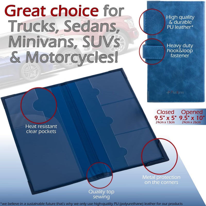 PlusXpres Auto Insurance and Registration Card Holder - Vehicle Glove Box Document Organizer - Car Essential Paperwork Holder for DMV, AAA, Contact Information Cards - Premium PU Leather Wallet Case - Blue - Image 5