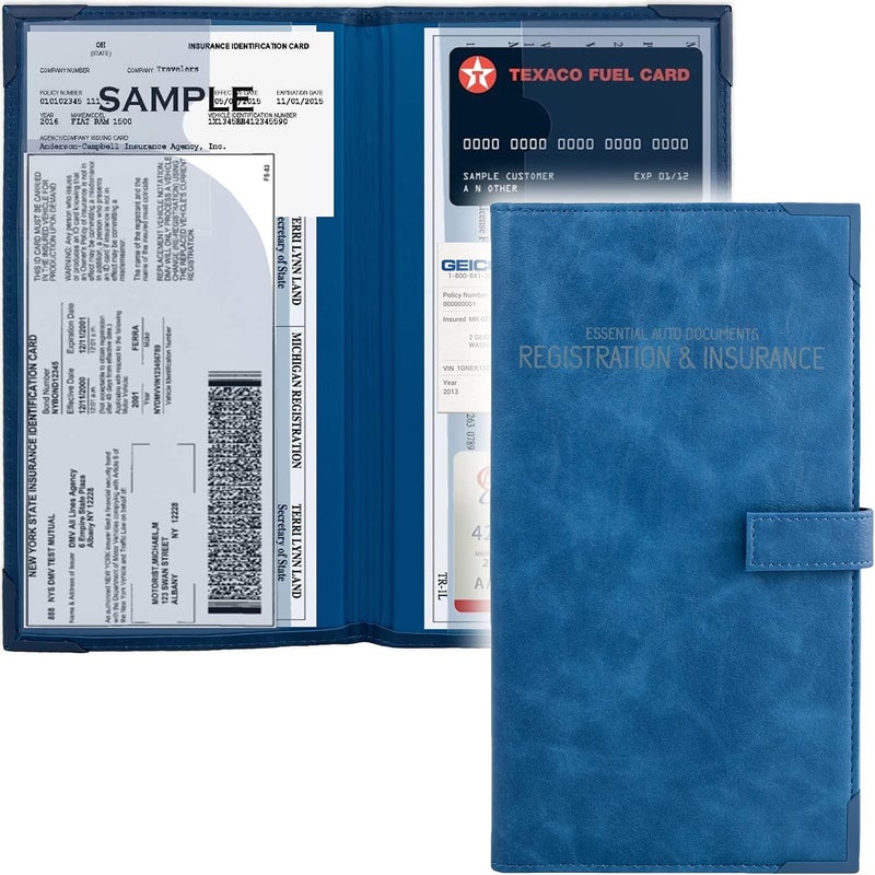PlusXpres Auto Insurance and Registration Card Holder - Vehicle Glove Box Document Organizer - Car Essential Paperwork Holder for DMV, AAA, Contact Information Cards - Premium PU Leather Wallet Case - Blue - Image 1