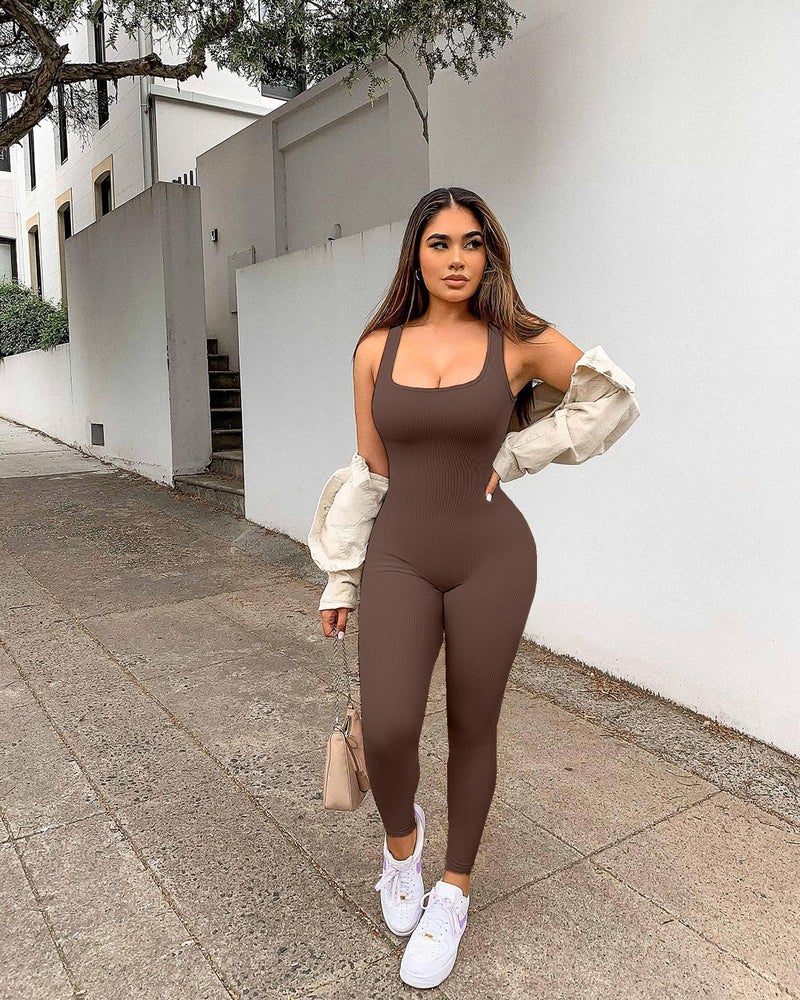 YIOIOIO Women Workout Seamless Jumpsuit Yoga Ribbed Bodycon One Piece Tank Top Leggings Romper Tea Leaf - Image 2