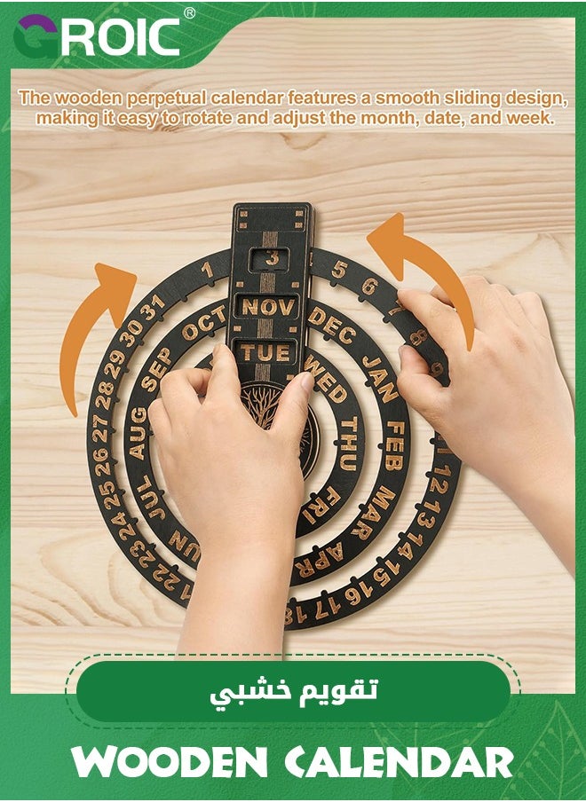 GROIC Perpetual Calendar,Vintage Wooden Desk Calendar,Keep Track of Dates, Days, and Months,Wooden Disc Perpetual Desk Calendar, Manual Rotating Wooden Block Calendar for Home Office  - Image 4
