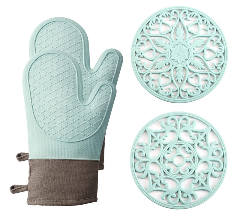 Domonic Home Domonic Home Oven Mitts and Pot Holders Sets Silicone Heat Resistant 600F Soft Lining Good Grip Oven Gloves and Trivet Mats 4 Piece Set Aqua Sky 