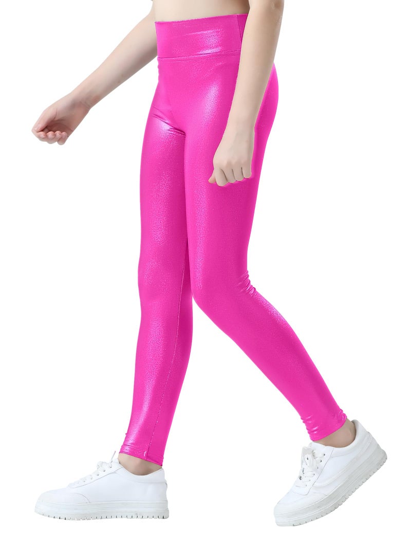 Gnainach Girls Activewear Leggings Size 6-7 Years Old Shiny Rose Red Kids Athletic Yoga Pants 4 Way Stretch High Rise Tights for Running - Image 3