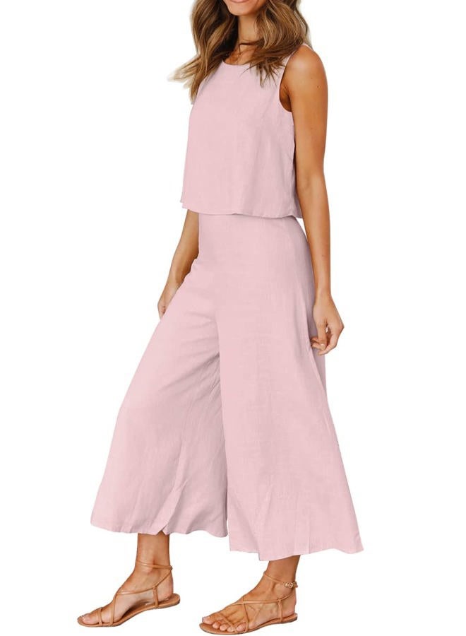 ROYLAMP Women's Sunmer Two Piece Outfits Round Neck Crop Basic Top Cropped Wide Leg Pants Set Jumpsuits Pink Purple S - Image 3