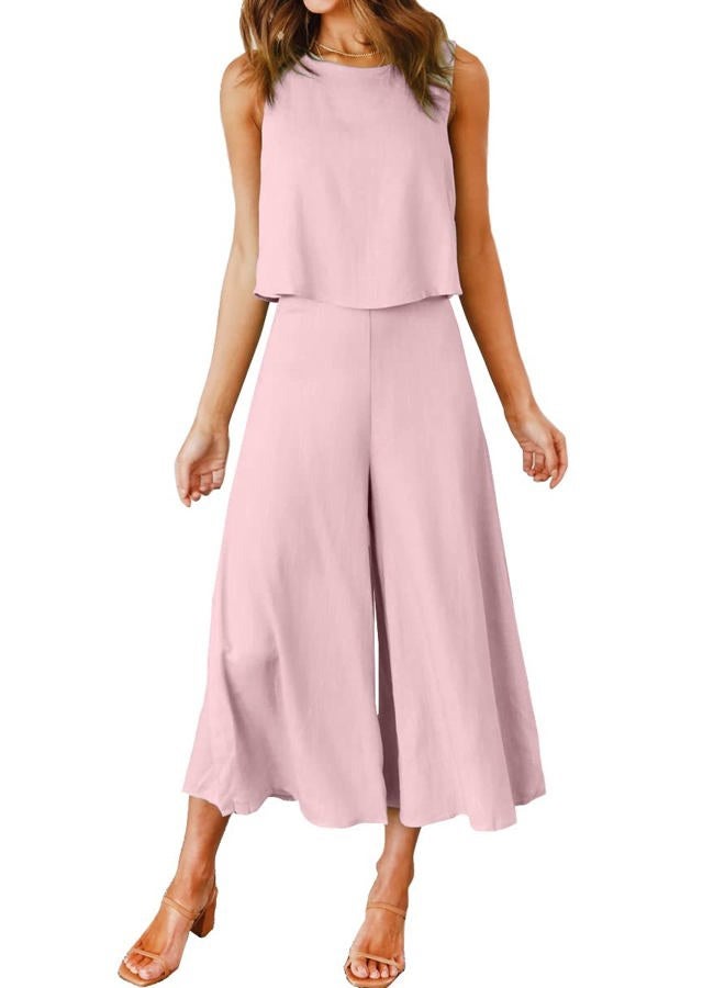 ROYLAMP Women's Sunmer Two Piece Outfits Round Neck Crop Basic Top Cropped Wide Leg Pants Set Jumpsuits Pink Purple S - Image 1