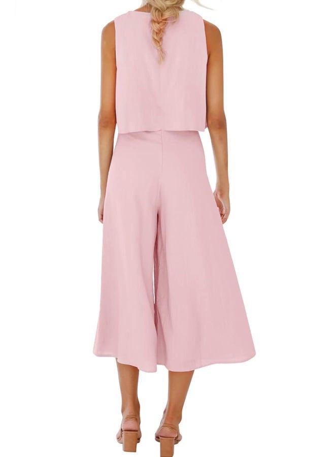 ROYLAMP Women's Sunmer Two Piece Outfits Round Neck Crop Basic Top Cropped Wide Leg Pants Set Jumpsuits Pink Purple S - Image 2