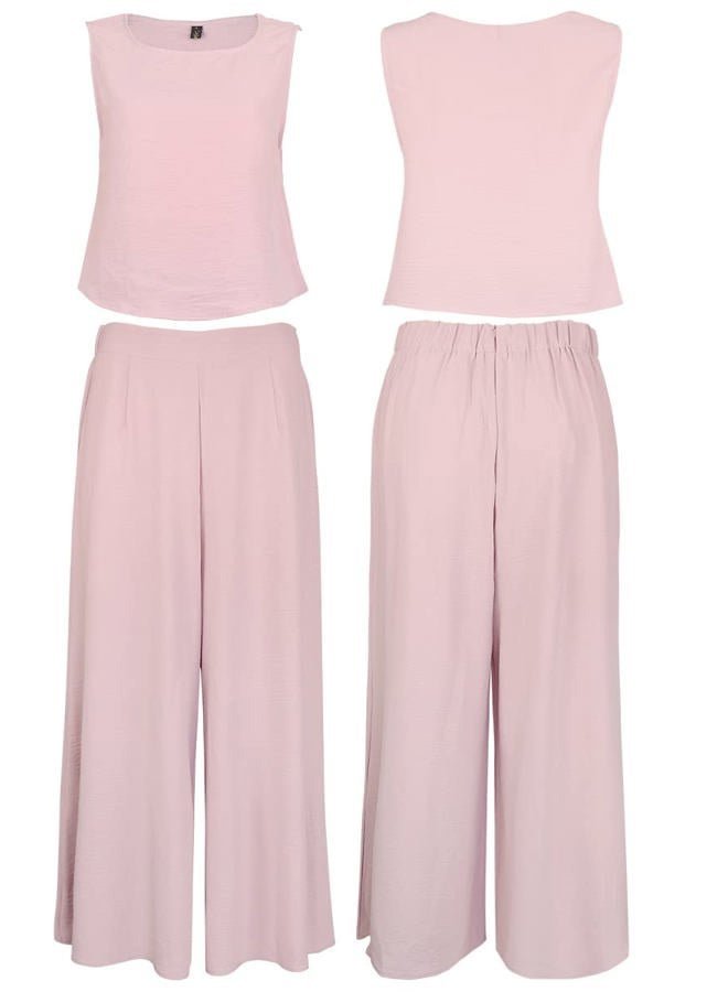 ROYLAMP Women's Sunmer Two Piece Outfits Round Neck Crop Basic Top Cropped Wide Leg Pants Set Jumpsuits Pink Purple S - Image 4