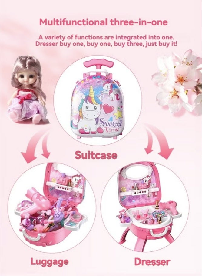 SHABILI 3-in-1 Beauty Dresser Toy Set with Mirror, Trolley Suitcase, Dolls and 30+ Makeup Accessories for Girls – Pink Cosmetic Role Play Vanity Kit for Kids Age 3+ – Gift for Birthday Holiday Indoor Play - Image 3
