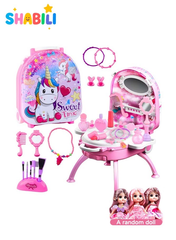SHABILI 3-in-1 Beauty Dresser Toy Set with Mirror, Trolley Suitcase, Dolls and 30+ Makeup Accessories for Girls – Pink Cosmetic Role Play Vanity Kit for Kids Age 3+ – Gift for Birthday Holiday Indoor Play - Image 1