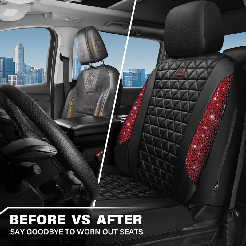 CAR PASS Bling Diamond Black Leather Car Seat Covers for 2 Front Interior Sets, Waterproof Shining Glitter Sparkly Crystal Universal Armrest Fit Automotive Truck SUV Cute Women Girl, Red Rhinestone - Image 4