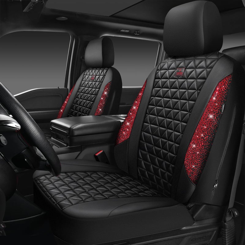 CAR PASS Bling Diamond Black Leather Car Seat Covers for 2 Front Interior Sets, Waterproof Shining Glitter Sparkly Crystal Universal Armrest Fit Automotive Truck SUV Cute Women Girl, Red Rhinestone - Image 1