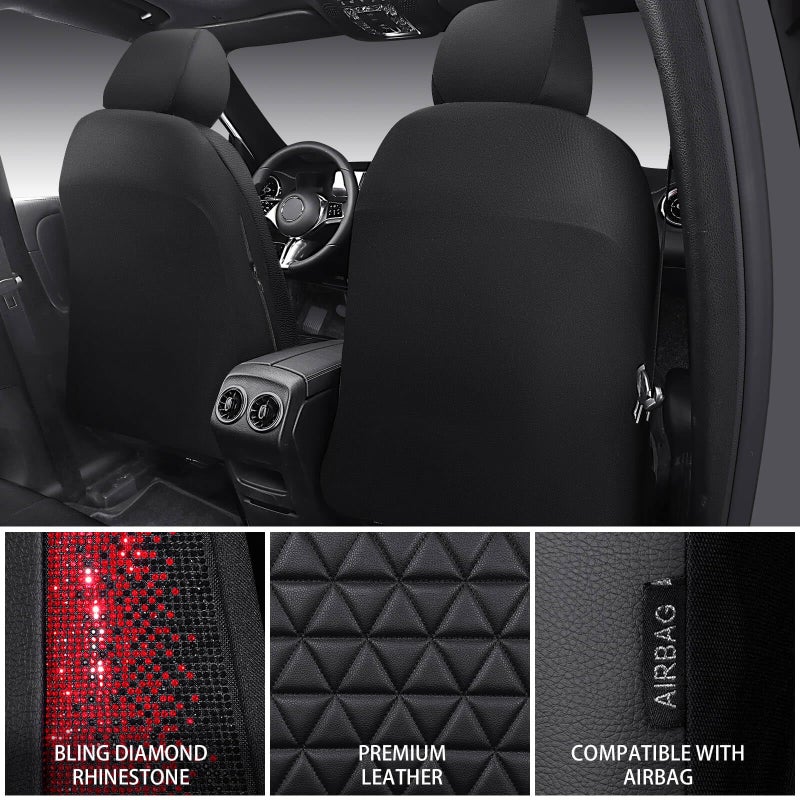 CAR PASS Bling Diamond Black Leather Car Seat Covers for 2 Front Interior Sets, Waterproof Shining Glitter Sparkly Crystal Universal Armrest Fit Automotive Truck SUV Cute Women Girl, Red Rhinestone - Image 3