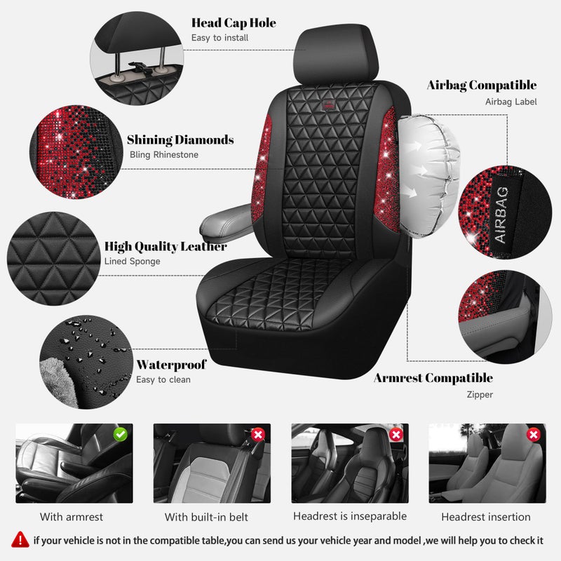 CAR PASS Bling Diamond Black Leather Car Seat Covers for 2 Front Interior Sets, Waterproof Shining Glitter Sparkly Crystal Universal Armrest Fit Automotive Truck SUV Cute Women Girl, Red Rhinestone - Image 2