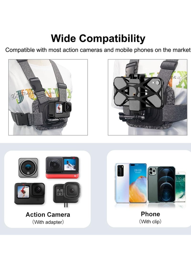 Adjustable Body Mount Belt Chest Strap with J Hook & Long Screw Phone Clamp, Capture Your Adventures (Chest Mount)