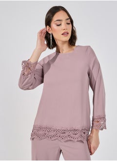 Styli Lace Insert Top & Wide Leg Pants Modest Set  - Image 2