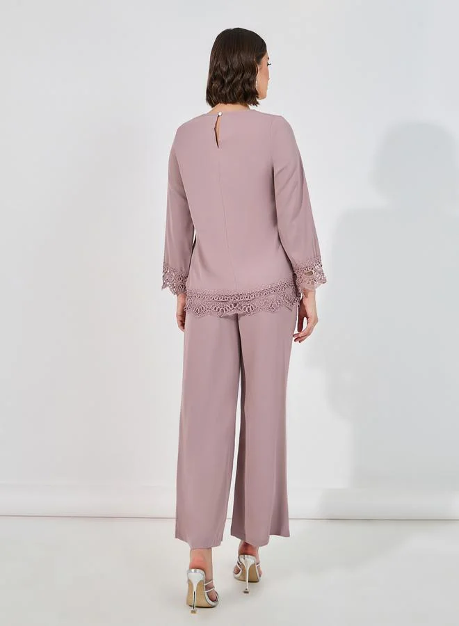 Styli Lace Insert Top & Wide Leg Pants Modest Set