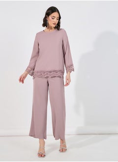 Styli Lace Insert Top & Wide Leg Pants Modest Set  - Image 1