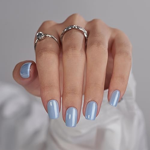BTArtbox Press On Nails Short  Square Press On Nails Blue Glossy Nail Tips Glue On Nails with Nail Glue Reusable Stick On Nails in 15 Sizes  30 Soft Gel Fake Nails Kit Ocean Glazed