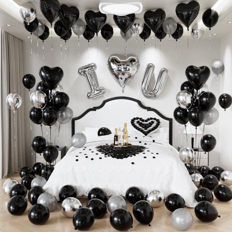 Haolongfa I Love You Balloon for Him or Her, Black Silver Valentines Balloons with Heart Shaped Balloons, Artificial Rose Petals, Romantic Valentines Day Decoration, Proposal, Anniversary, Date Night Supplies - Image 1