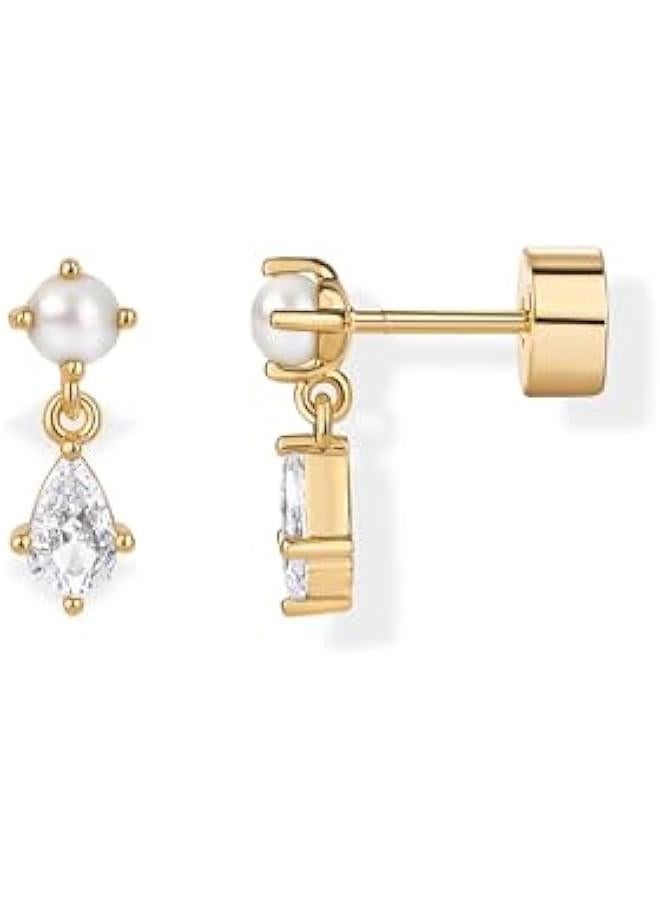 PAVOI 14K Gold Plated Sentimental Dangle Flat Back Earrings for Women | Helix and Cartilage Pearl Cluster Triangle Lotus Pear Marquise Cubic Zirconia Screw Back Earring Pair  - Image 1