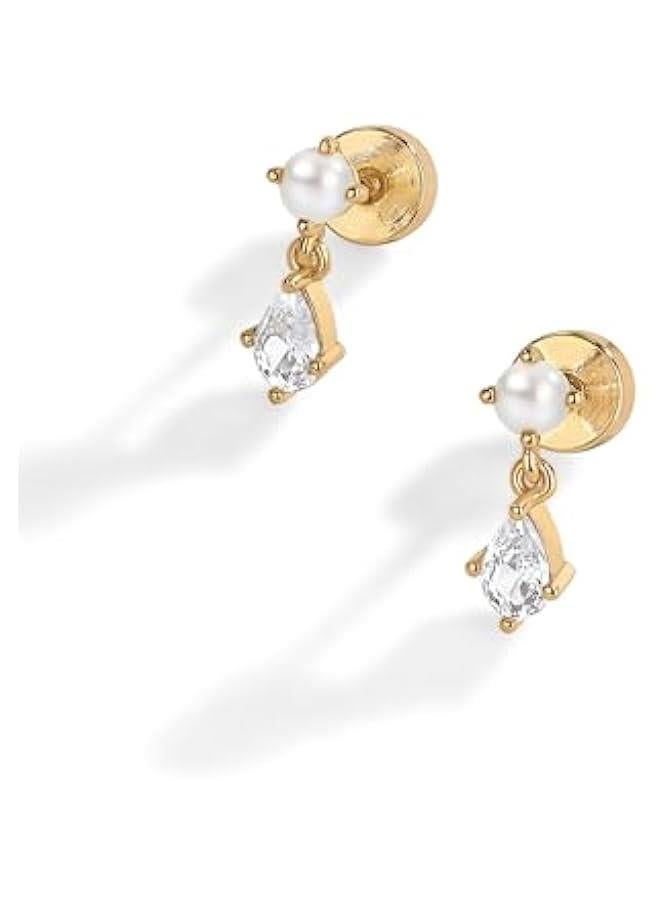 PAVOI 14K Gold Plated Sentimental Dangle Flat Back Earrings for Women | Helix and Cartilage Pearl Cluster Triangle Lotus Pear Marquise Cubic Zirconia Screw Back Earring Pair  - Image 3
