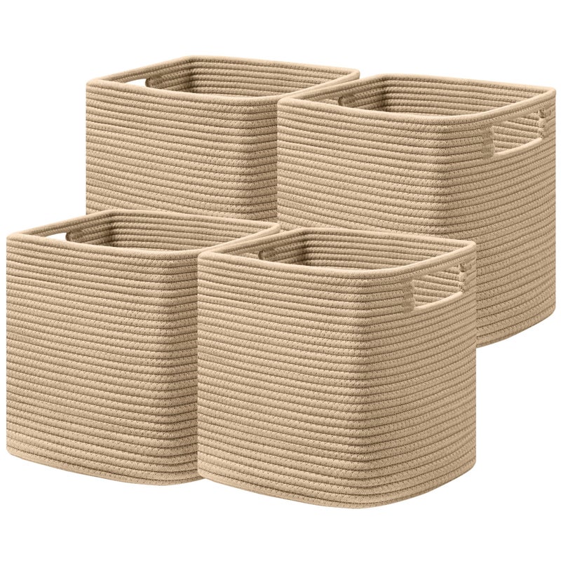 UBBCARE Set of 4 Storage Basket-11 X 10.5 X 10.5 In, Cotton Rope Basket for Shelves, Toys, Book, Cube Storage Bins with Handles, Woven Storage Baskets for Organizing, Brown - Image 1