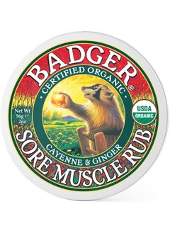 Badger Badger Sore Muscle Rub, 100% Organic Sore Muscle Cream, Cayenne & Ginger Warming Sore Muscle Relief, Recovery & Relaxation, Long Lasting, Great Smelling, 2 oz Tin 
