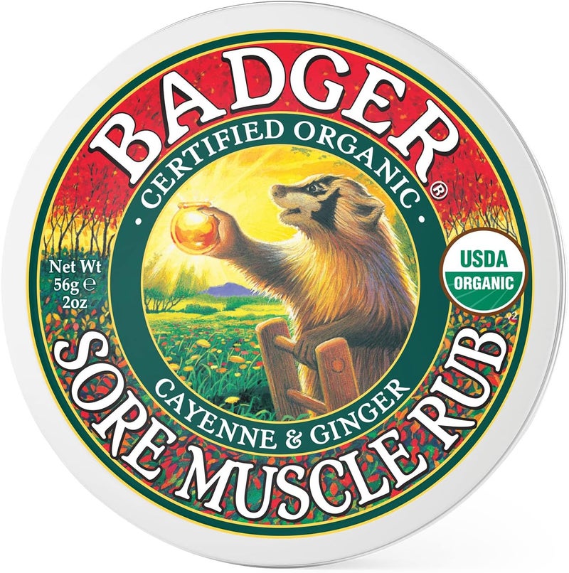 Badger Badger Sore Muscle Rub, 100% Organic Sore Muscle Cream, Cayenne & Ginger Warming Sore Muscle Relief, Recovery & Relaxation, Long Lasting, Great Smelling, 2 oz Tin 