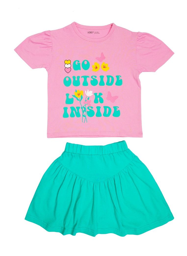 AIKO AIKO - Girls Short Sleeve Pink T-Shirt with Green Skirt Set 3-4Years  - Image 1