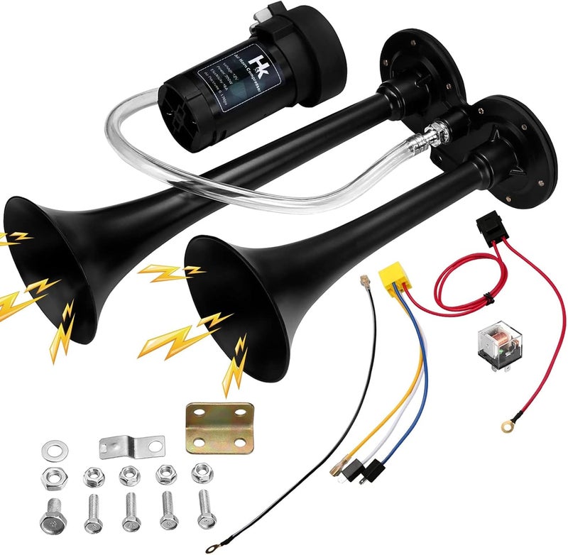 H & K 150db Super Loud Dual Trumpet Air Horn Kit with Compressor for Vehicles, Trucks, Trains, Boats - 12V, Black - Image 1