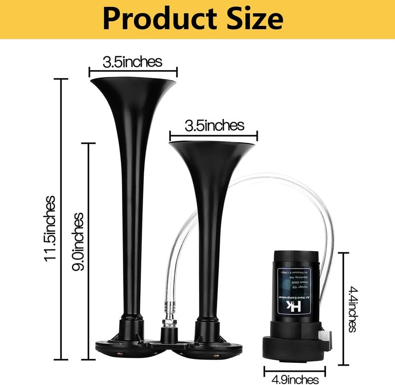 H & K 150db Super Loud Dual Trumpet Air Horn Kit with Compressor for Vehicles, Trucks, Trains, Boats - 12V, Black - Image 2