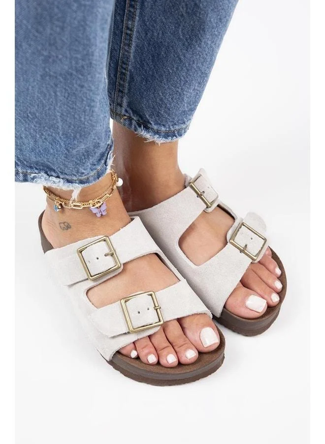 Manijero  Anlelic Women's Genuine Leather Double Buckle Beige Slippers - Beige for Women | Best Price UAE