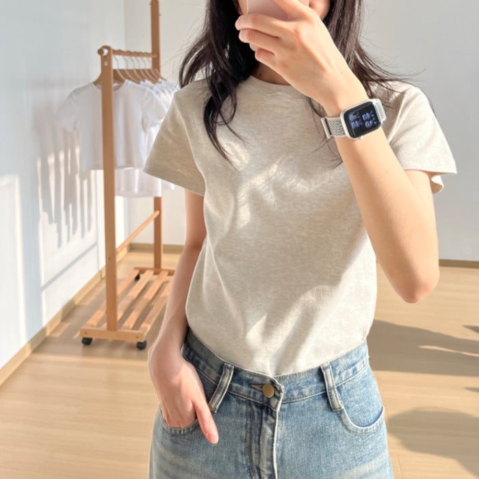 Pure Cotton Gray T-Shirt For Women, Short-Sleeved, Summer 2025, American Retro Design, Versatile, Slim-Fit, Casual Basic Top - Image 1