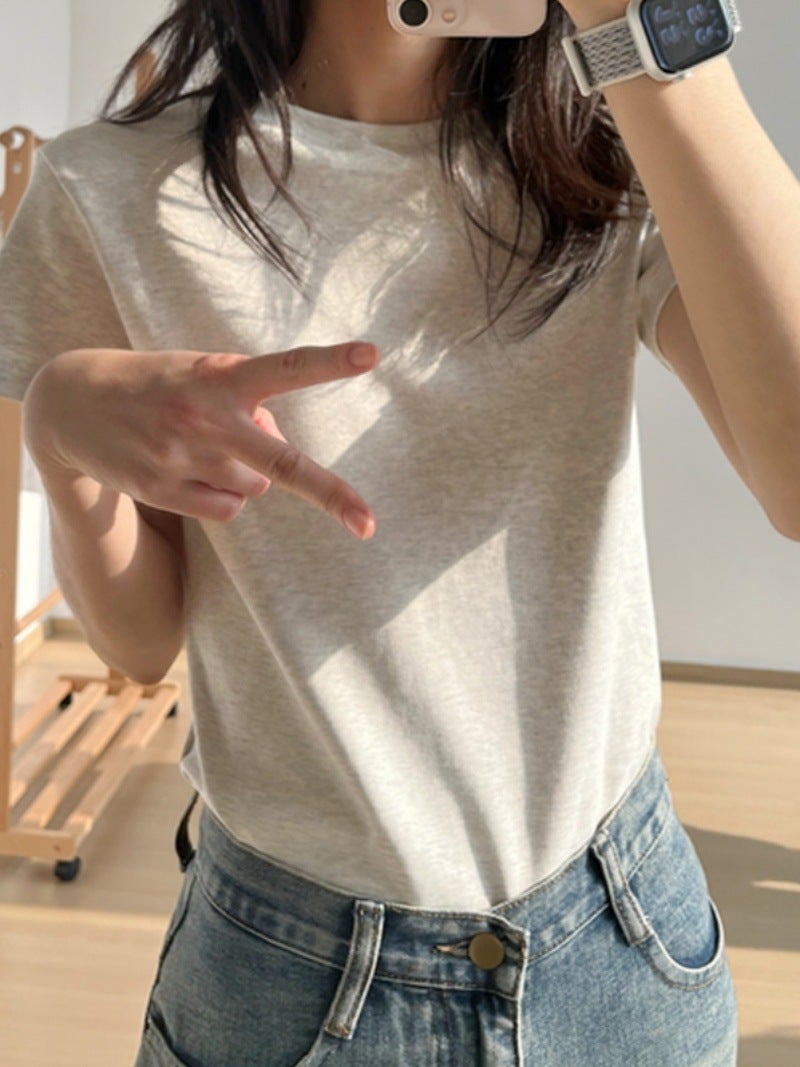 Pure Cotton Gray T-Shirt For Women, Short-Sleeved, Summer 2025, American Retro Design, Versatile, Slim-Fit, Casual Basic Top - Image 4