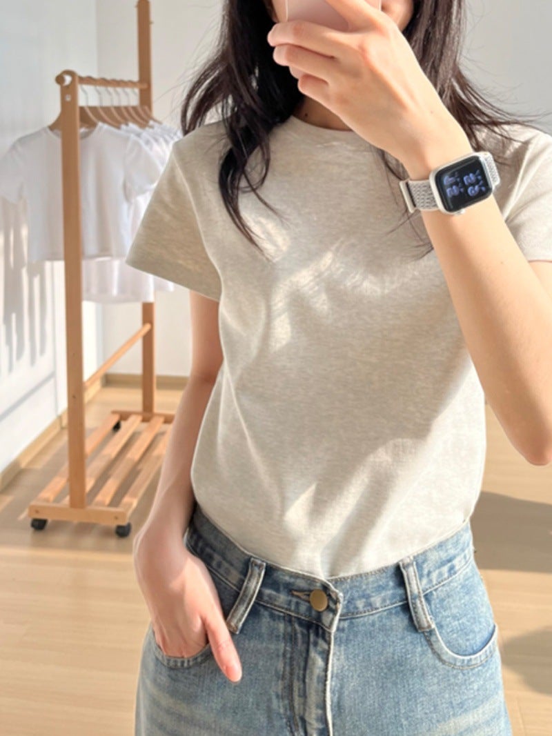 Pure Cotton Gray T-Shirt For Women, Short-Sleeved, Summer 2025, American Retro Design, Versatile, Slim-Fit, Casual Basic Top - Image 2
