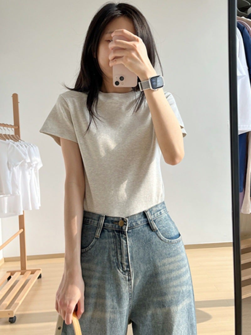 Pure Cotton Gray T-Shirt For Women, Short-Sleeved, Summer 2025, American Retro Design, Versatile, Slim-Fit, Casual Basic Top - Image 3