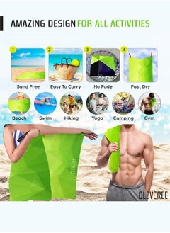 CLEVEREE Beach Towel and Gym Towel Pool Towel Swimming Towel for Men Women Microfiber towel Travel Towel fast drying towel with carry bag Extra Large 150x90 cm and Gym Towel 50X25 Green Neon  - Image 5