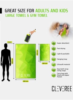 CLEVEREE Beach Towel and Gym Towel Pool Towel Swimming Towel for Men Women Microfiber towel Travel Towel fast drying towel with carry bag Extra Large 150x90 cm and Gym Towel 50X25 Green Neon  - Image 3
