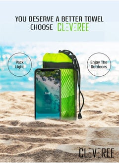CLEVEREE Beach Towel and Gym Towel Pool Towel Swimming Towel for Men Women Microfiber towel Travel Towel fast drying towel with carry bag Extra Large 150x90 cm and Gym Towel 50X25 Green Neon  - Image 2