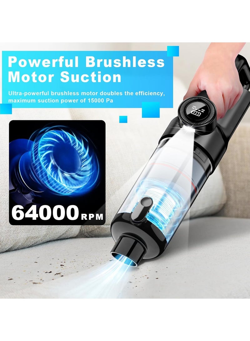 Car Vacuum Cleaner Cordless and Air Duster , Air Blow with Brushless Motor, 15000Pa Strong Suction Vacuum with LED Light, Type C Cable and Charger, 2 Fliters, Portable Hand Vacuum for Home, Pet and Car - Image 2