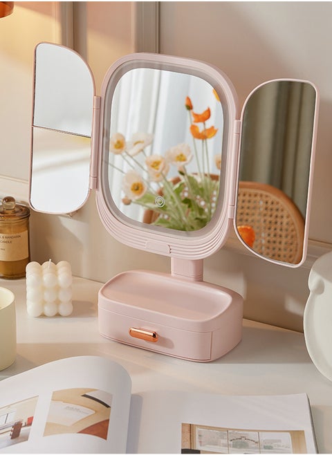 Tri-Fold Makeup Mirror With 3-Tone Lighting, Portable LED Vanity Mirror with Touch Screen, with Cosmetic Storage Box, Gift For Women