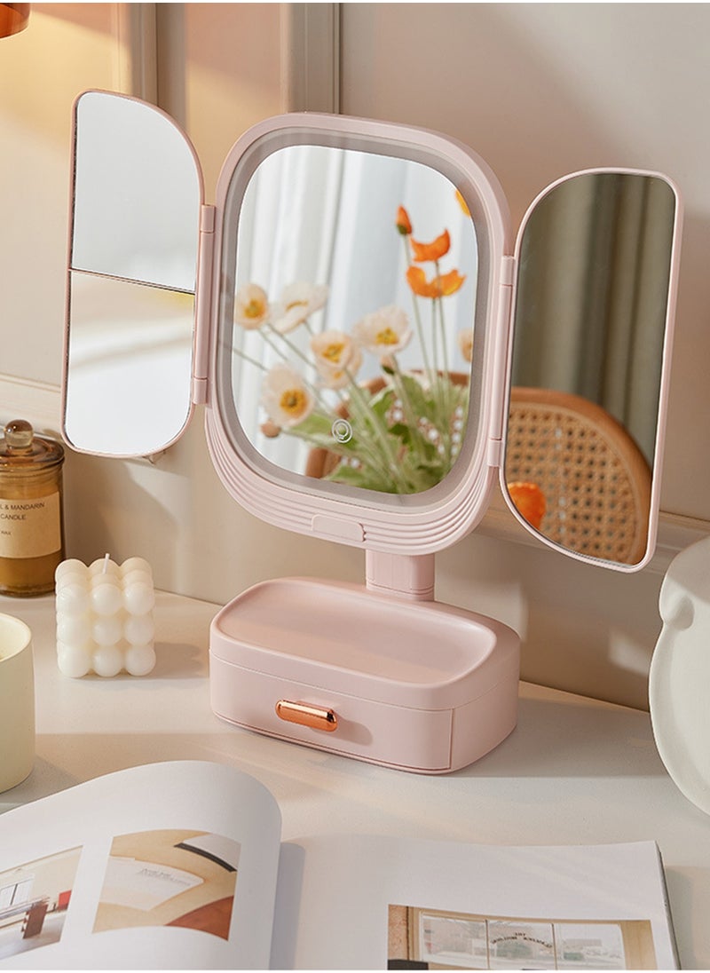 Tri-Fold Makeup Mirror With 3-Tone Lighting, Portable LED Vanity Mirror with Touch Screen, with Cosmetic Storage Box, Gift For Women