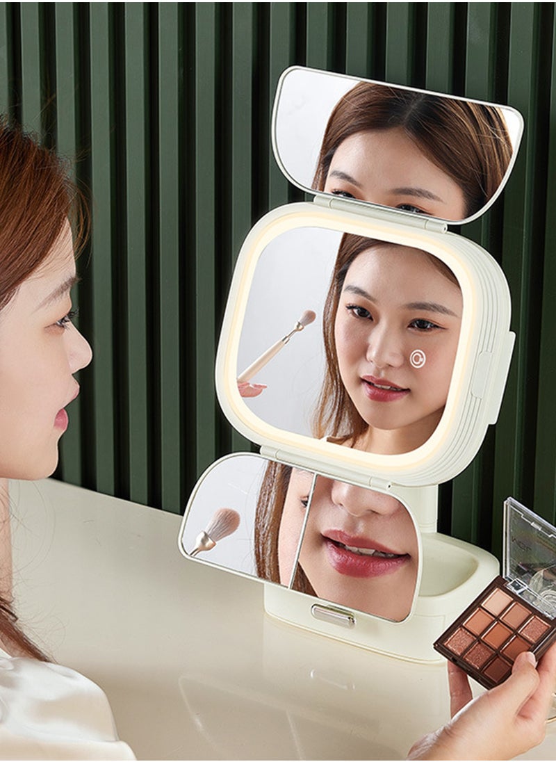 Tri-Fold Makeup Mirror With 3-Tone Lighting, Portable LED Vanity Mirror with Touch Screen, with Cosmetic Storage Box, Gift For Women