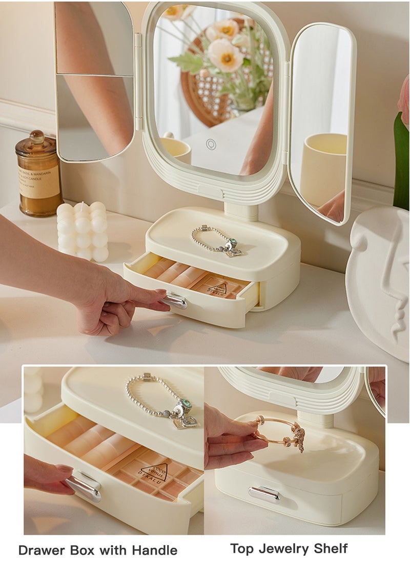 Tri-Fold Makeup Mirror With 3-Tone Lighting, Portable LED Vanity Mirror with Touch Screen, with Cosmetic Storage Box, Gift For Women