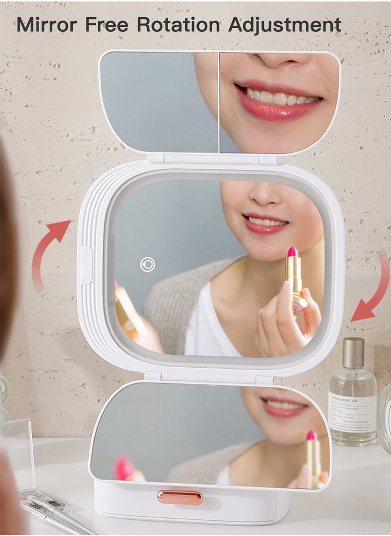 Tri-Fold Makeup Mirror With 3-Tone Lighting, Portable LED Vanity Mirror with Touch Screen, with Cosmetic Storage Box, Gift For Women