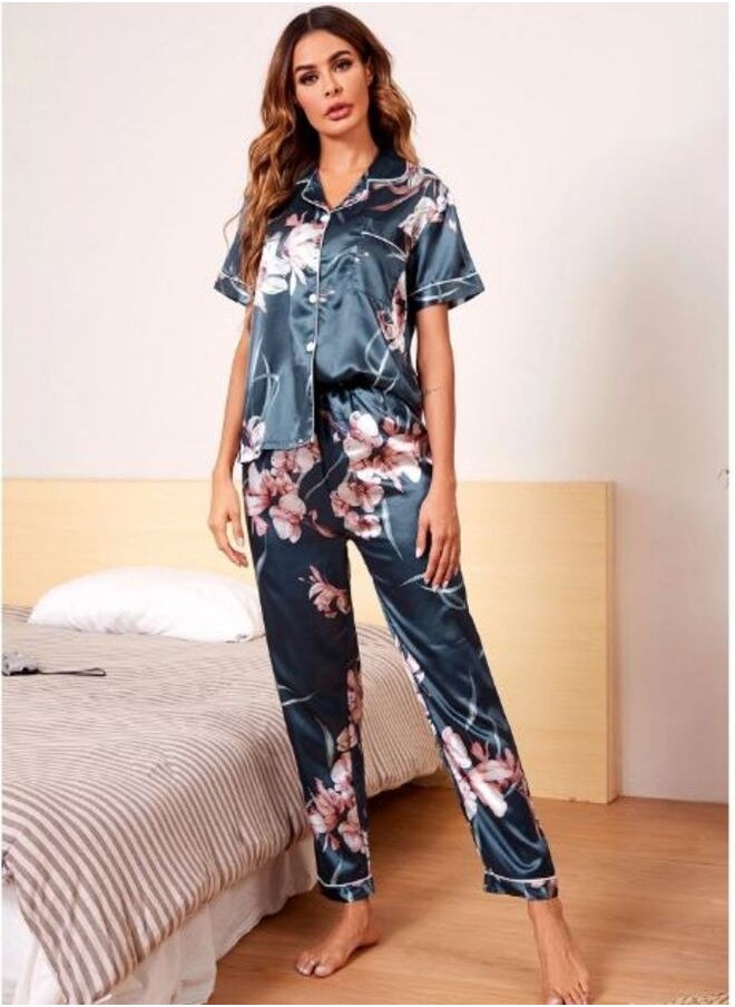 Shein Floral Print Satin Lapel Pajama Set  - Image 5